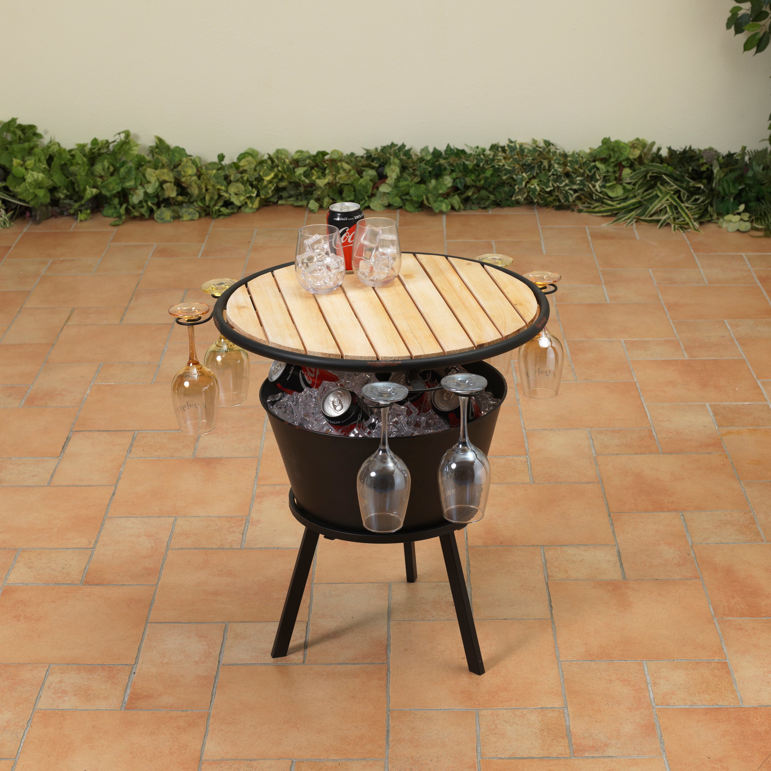 35.75 Inch Metal and Wood Outdoor Table with Ice Bucket